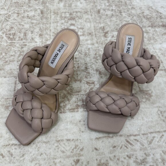 Steve Madden Heeled Sandals Womens 6.5 Taupe Braided Strap Square Toe KENL02S1 - Picture 1 of 9